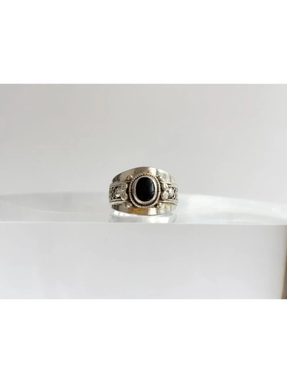Thai Made Made Black Onyx Rope Chunky Sterling Silver 925 Vintage Ring - sz 6